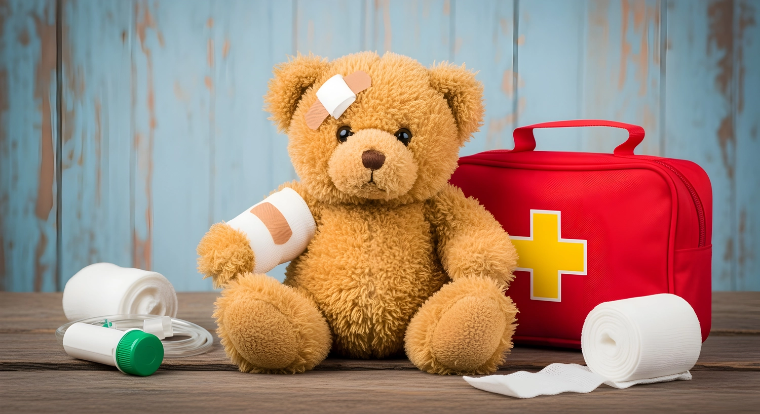 Antonia Schäffler – Hebammenpraxis Eggenfelden – illustriert pädiatrische Erste Hilfe oder den Einsatz von Erste-Hilfe-Sets für Kinder, oft im pädagogischen Kontext eingesetzt.